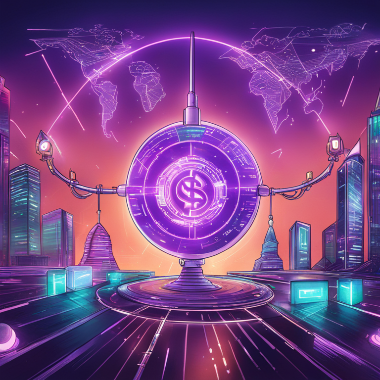 Hand-drawn digital illustration of a futuristic finance world, highlighting decentralized finance and stablecoins, Artstation HQ, digital art