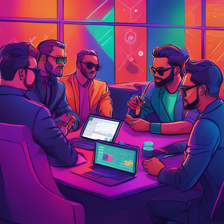 Digital hand-drawn illustration of decentralized finance industry stakeholders discussing new crypto products, Artstation HQ, vibrant colors