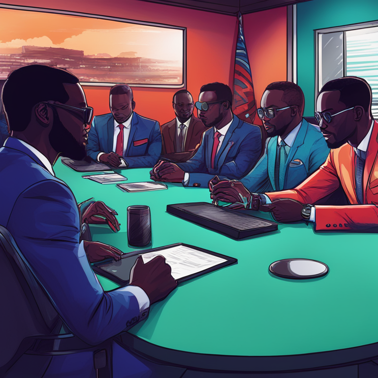 hand-drawn digital illustration, Artstation HQ, digital art of a futuristic Ghanaian government meeting discussing blockchain technology, modern and dynamic, vibrant colors