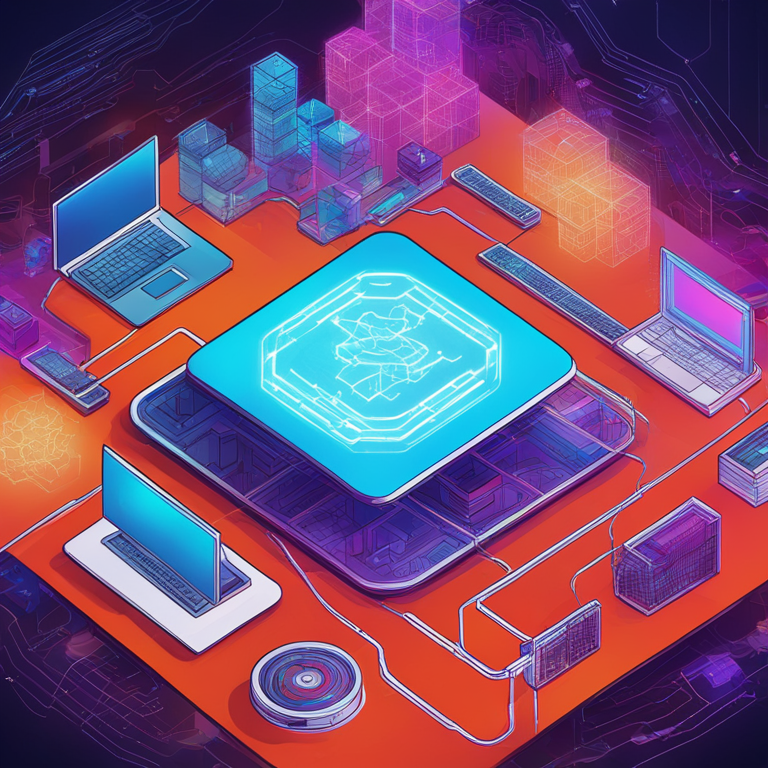 A dynamic and futuristic hand-drawn digital illustration depicting blockchain technology interlinking various digital databases, Artstation HQ, vibrant hues, and modern detailed background, digital art