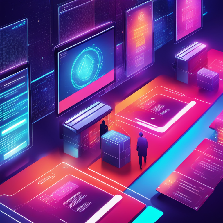 Artistic and digital illustration of futuristic government database integration with blockchain, vibrant colors, modern Artstation HQ design style