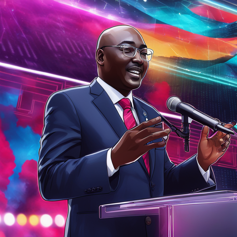 A detailed digital illustration of Ghana’s Vice President Mahamadu Bawumia giving a speech about blockchain technology, with a vibrant background of futuristic digital elements, Artstation HQ, digital art