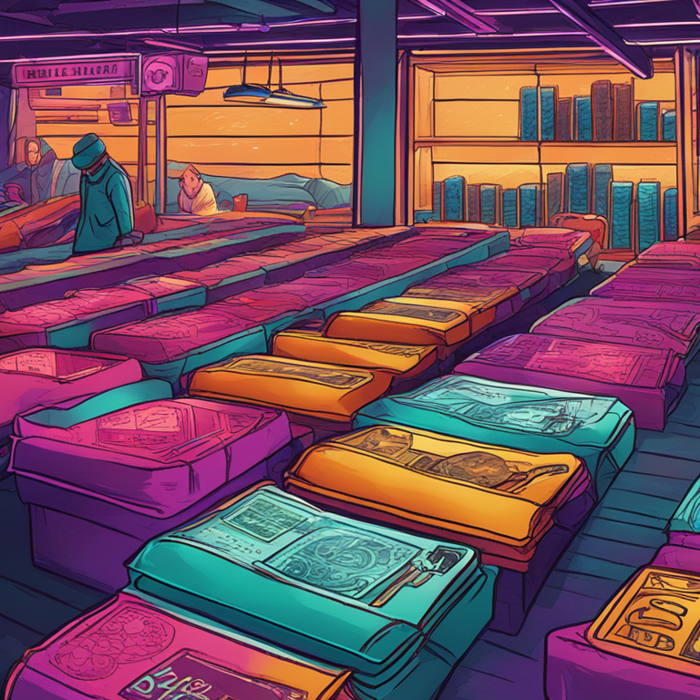 hand-drawn digital illustration, Artstation HQ, digital art of vintage bitcoin wallets waking up from long dormant sleep, abstract, vibrant colors, emphasized market activity