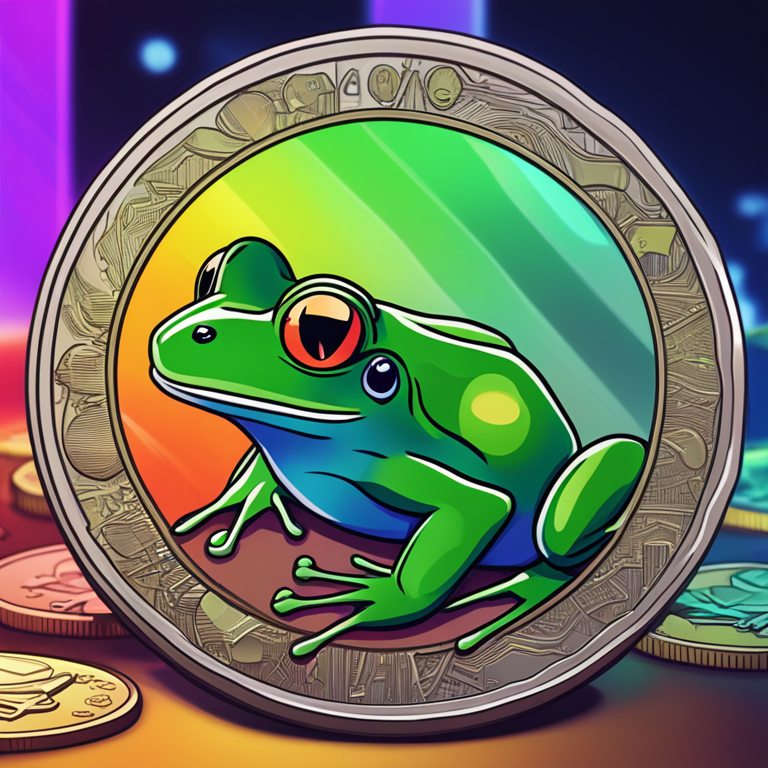 illustration of a frog-themed meme coin with a fluctuating chart background, digital art, Artstation quality, bright and attention-catching colors, hand-drawn style, detailed and dynamic, stable diffusion xl