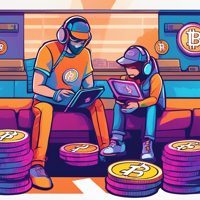 Colorful, vibrant digital illustration of gamers staking cryptocurrency tokens, dynamic and engaging, hand-drawn in a trendy magazine style, Artstation HQ, digital art