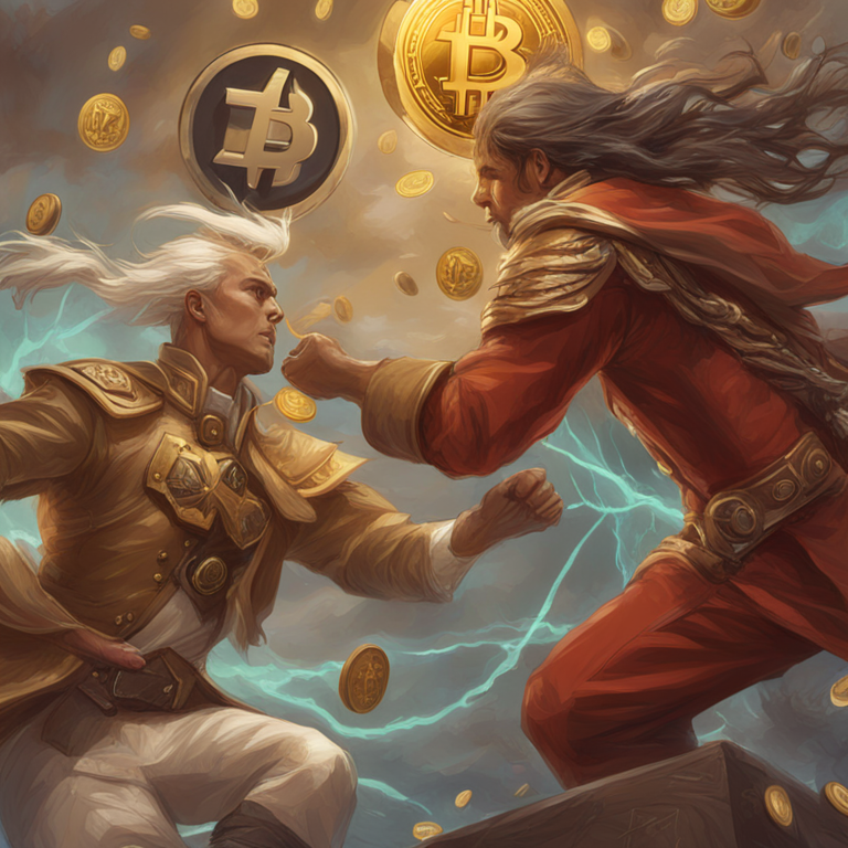 hand-drawn digital illustration, depiction of traditional banking versus cryptocurrency, Artstation HQ, digital art, modern finance clash, by Peter Mohrbacher and Donato Giancola, dynamic and abstract imagery