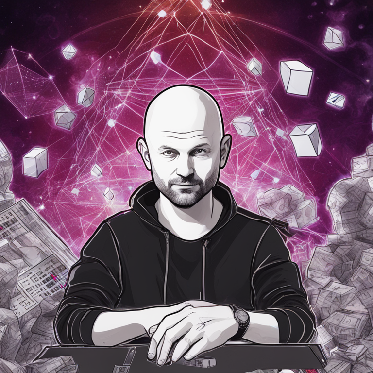 An abstract illustration of Joe Lubin, Ethereum co-founder, surrounded by elements representing the blockchain and financial systems, hand-drawn digital illustration, Artstation HQ, digital art.