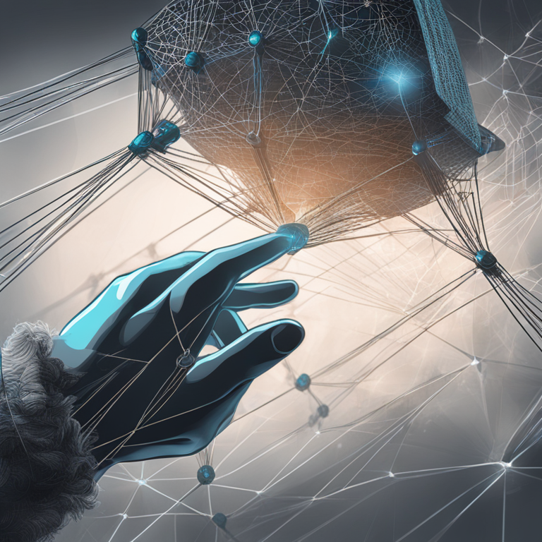 Conceptual drawing of an unseen hand manipulating financial strings above a blockchain network, digital art, Artstation HQ, intricate and thought-provoking.