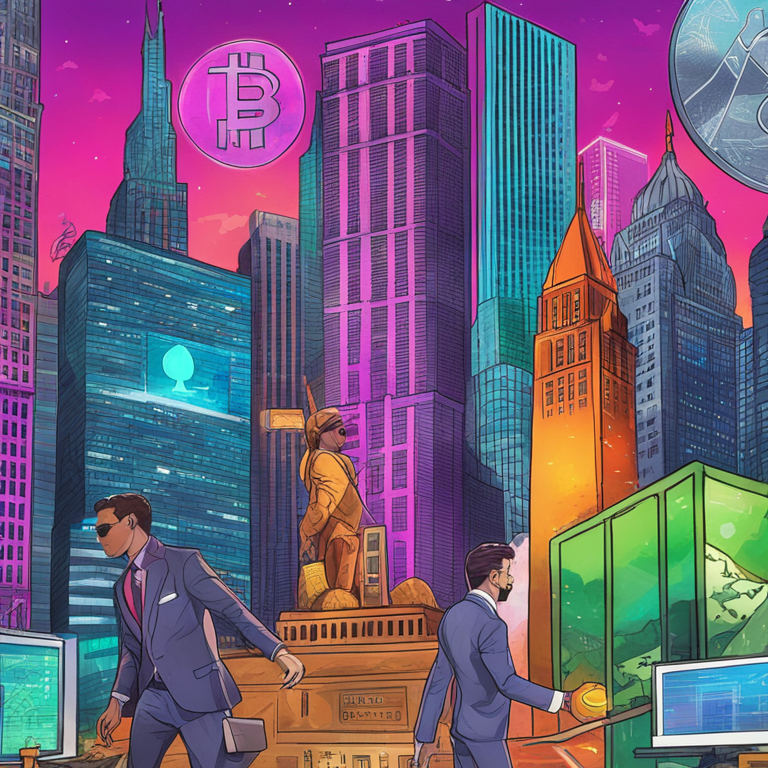 Hand-drawn digital illustration of a vibrant cryptocurrency-themed collage, with Wall Street buildings, Ethereum logos, and figures in suits, Artstation HQ, digital art