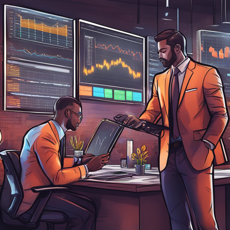 Hand-drawn digital illustration of business professionals trading cryptocurrencies, graphs and charts in the background, Artstation HQ, digital art