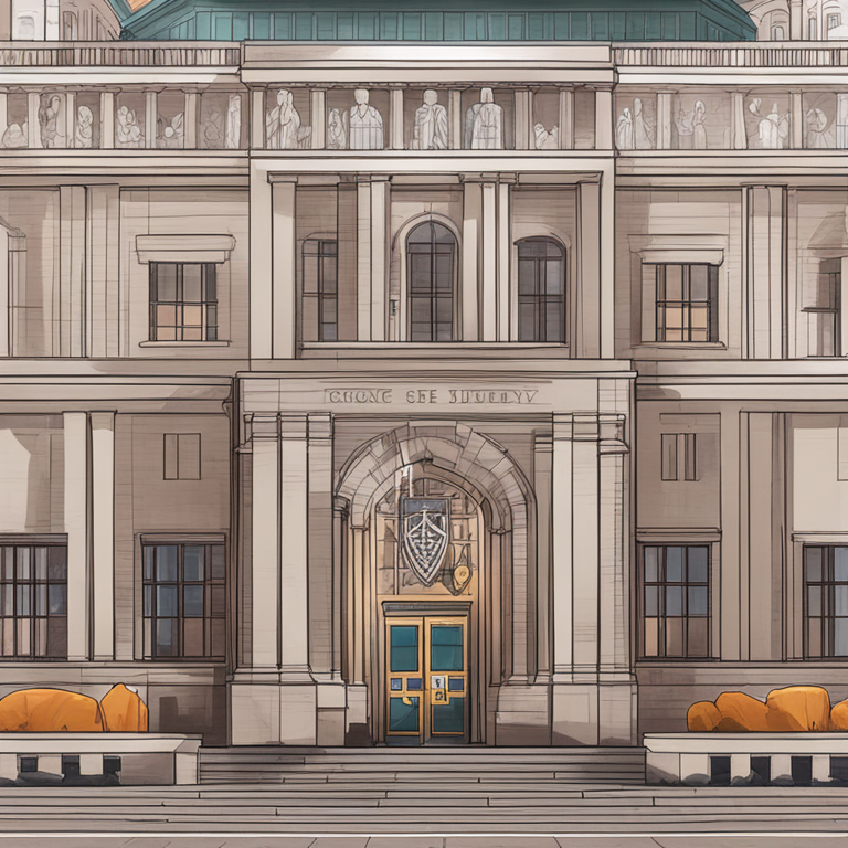 High Court building in the UK alongside icons of cryptocurrency, hand-drawn digital illustration, Artstation HQ, digital art