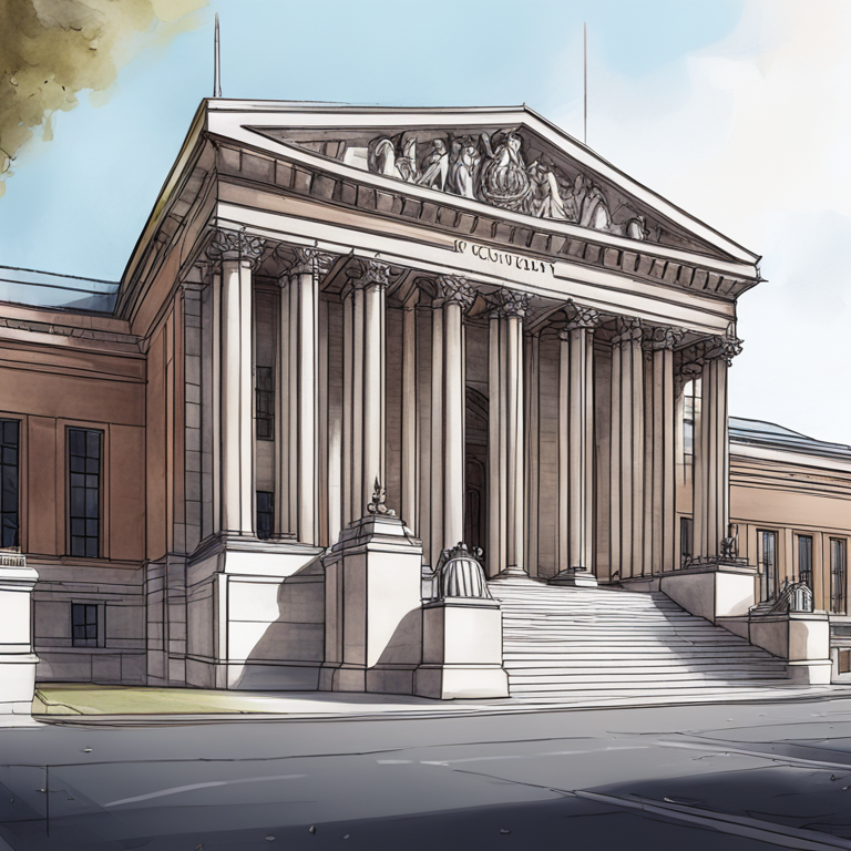 Hand-drawn digital illustration of UK High Court, Artstation HQ, detailed architecture, digital art