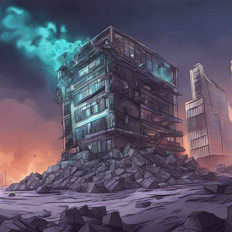 Hand-drawn digital illustration of a collapsing crypto building, Artstation HQ, dynamic scene, digital art