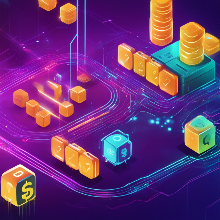 hand-drawn digital illustration of stablecoin bots in a futuristic digital financial environment, Artstation HQ, digital art, vibrant colors, abstract background with interconnected blockchain nodes and smart contracts, trendy magazine style