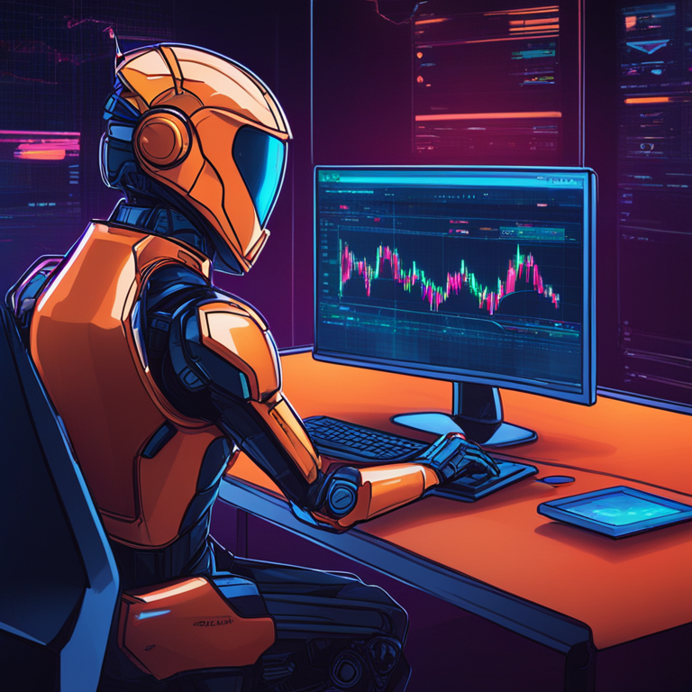 hand-drawn digital illustration of an automated trading bot optimizing operations on a blockchain, Artstation HQ, digital art, sleek modern interface with graphical transaction data, futuristic style, vibrant colors and dynamic animations