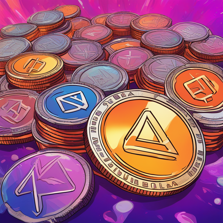 abstract illustration of digital coins on a colorful background with the words Arbitrum and Solana, hand-drawn digital illustration, Artstation HQ, digital art