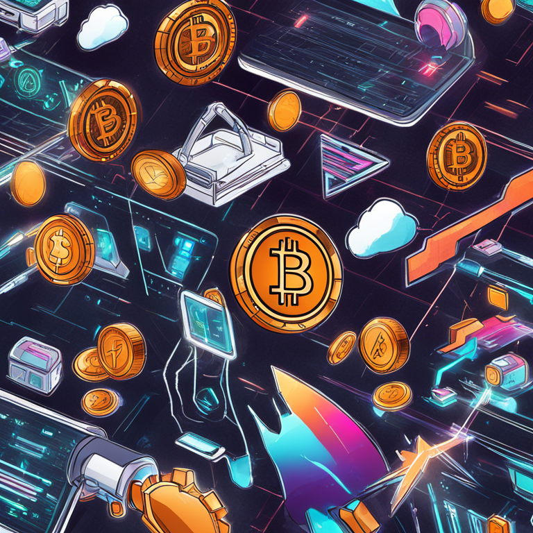 hand-drawn digital illustration, Artstation HQ, digital art, cryptocurrency symbols in a heated race, trending on Artstation, sleek design, vibrant and futuristic