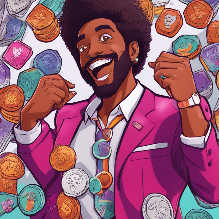 digital illustration of Keith Gill, hand-drawn, vibrant, trending on Artstation, modern style, depicting him with meme tokens, playful and lively theme, detailed expression, humorous setting