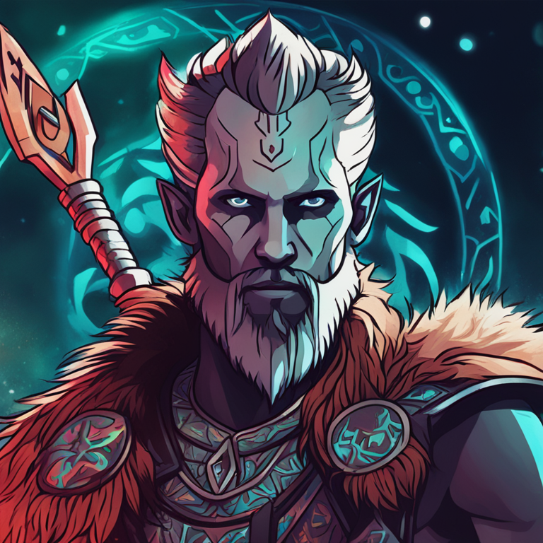 hand-drawn digital illustration of FLOKI token with vibrant digital art inspired by futuristic Norse mythology, Artstation HQ