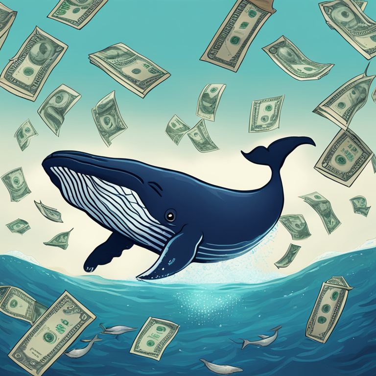 Whale swimming towards dollar bills and meme tokens, hand-drawn digital illustration, Artstation HQ, digital art