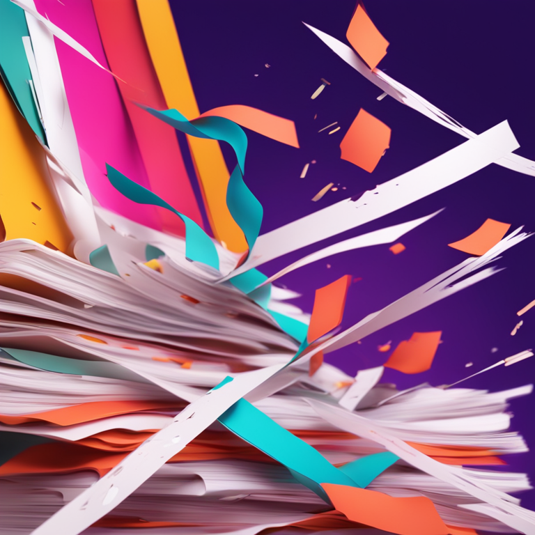 Abstract digital illustration of legal divorce documents being torn apart, Artstation HQ, digital art, vibrant colors, trending on magazine publications style