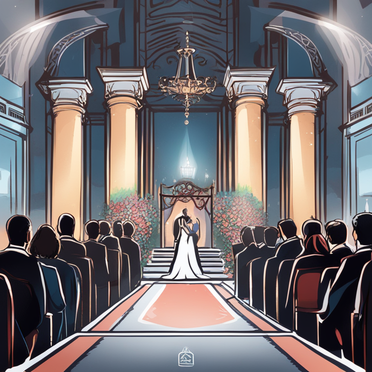 Hand-drawn digital illustration showing a wedding ceremony with contrasting elements symbolizing government regulation, digital art, Artstation HQ