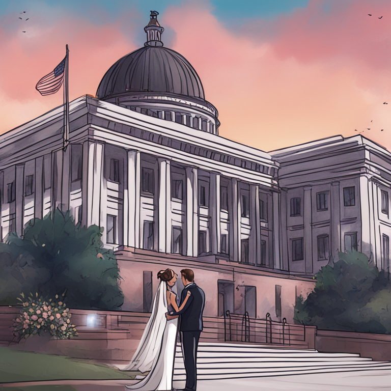 Hand-drawn digital illustration of a government building looming over a wedding ceremony, digital art, Artstation HQ