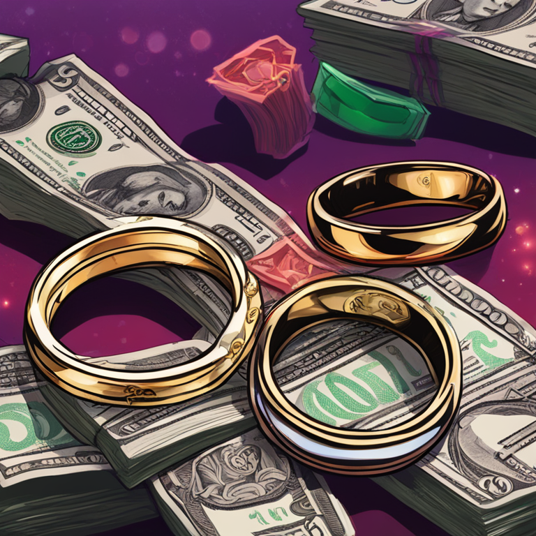 Hand-drawn digital illustration of money and wedding rings, Artstation HQ, digital art, symbolizing the impact of fiat money on marriage, high resolution, vibrant colors, detailed, trending on Artstation