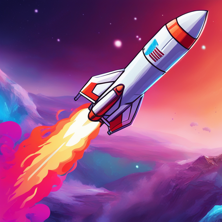 Hand-drawn digital illustration, Artstation HQ, digital art of a rocket launching with GameStop logo on it, vibrant colors, trending on Artstation, high-tech