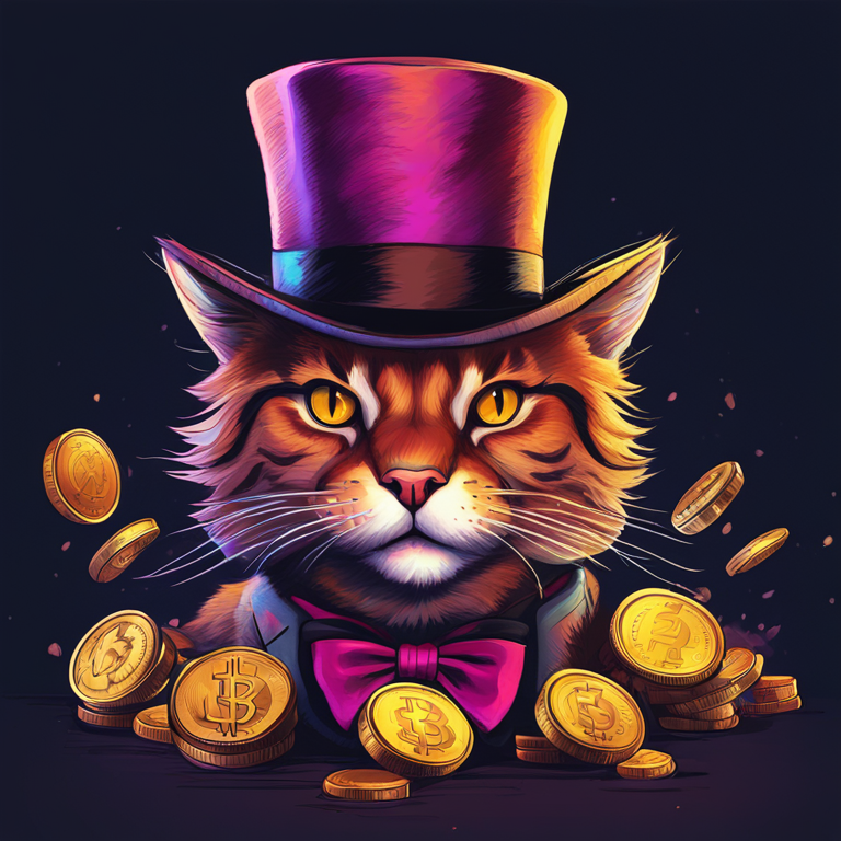 Hand-drawn digital illustration, Artstation HQ, digital art of a roaring cat with a top hat made of virtual coins, vibrant colors, trending on Artstation, high-tech