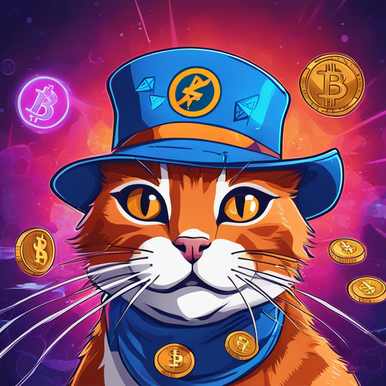 hand-drawn digital illustration of a cat in a hat, roaring, cryptocurrency symbols flying around it, bright colors, Artstation HQ, digital art, trending meme coin, stock market chart in the background, high detail