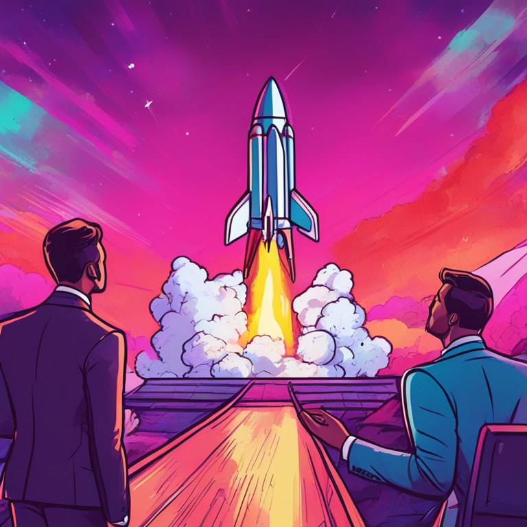 hand-drawn digital illustration of a rocket launching, vibrant colors, Artstation HQ, digital art, stock market charts in the background, figures in suits looking in awe, meme-inspired graphics, trending on Artstation