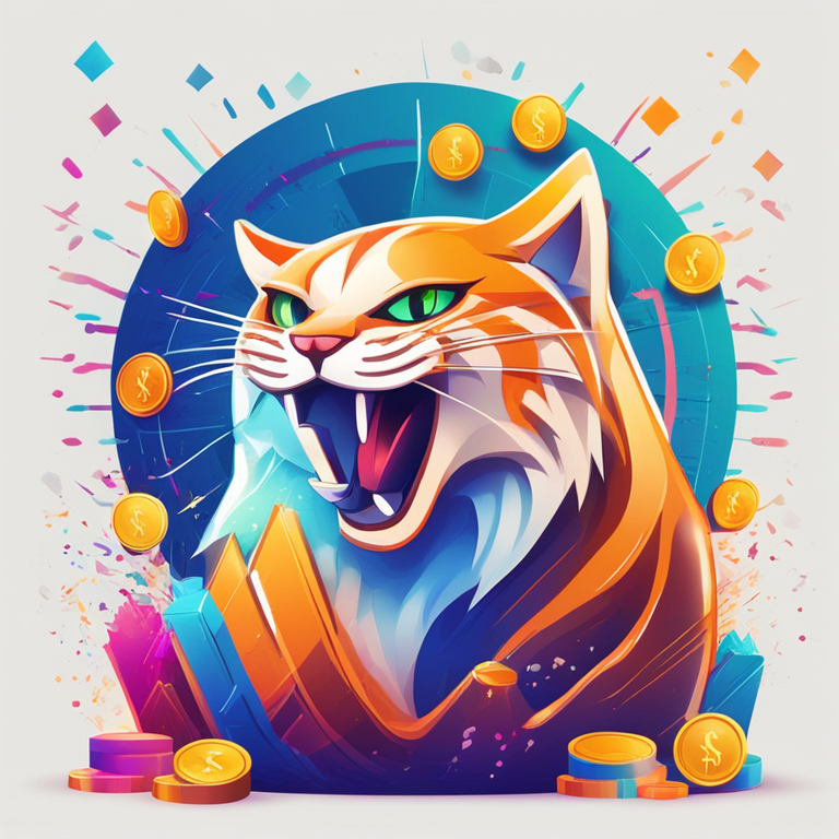 Colorful digital illustration of roaring cat symbol with scattered coins and upward stock charts, Artstation HQ, digital art