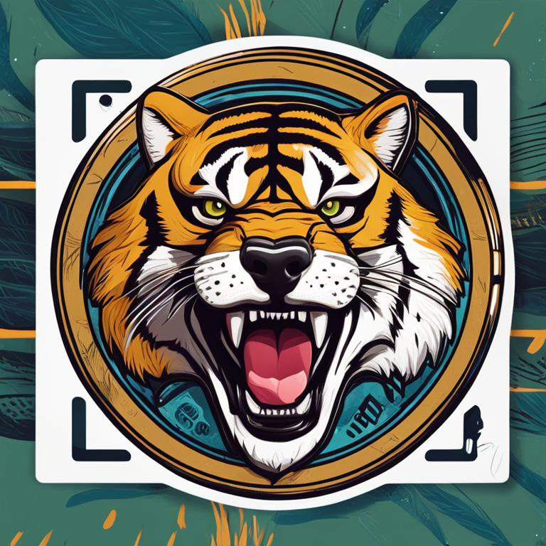 Illustration of Dogecoin coin with roaring tiger in the background, digital art, trending on Artstation, detailed and vibrant colors, sleek illustration style, high resolution, inspired by contemporary finance, hand-drawn digital illustration, Artstation HQ, digital art