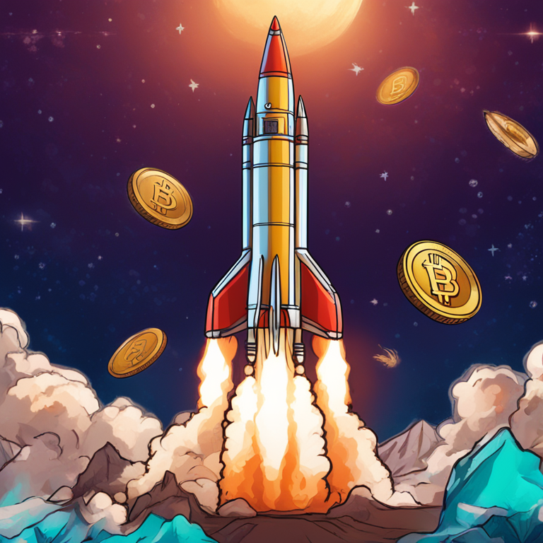 Hand-drawn digital illustration of Dogecoin rocket ship blasting off with historical price charts in the background, Artstation HQ, vibrant colors, detailed and trending on Artstation, digital art, inspired by market trends and finance