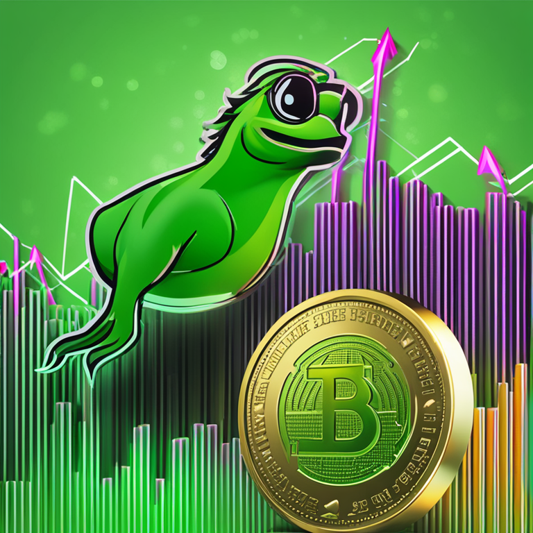 digital illustration of a bullish stock chart with a Pepe Coin prominently displayed, indicating a sharp upward trend, Artstation HQ, digital art, modern and trendy style, vibrant green colors