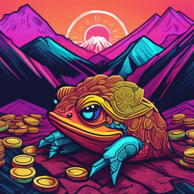 Hand-drawn digital illustration of a bullish PEPE coin rising above mountains in a vibrant market, blending neon colors, trending on Artstation, high resolution, modern, and playful style.