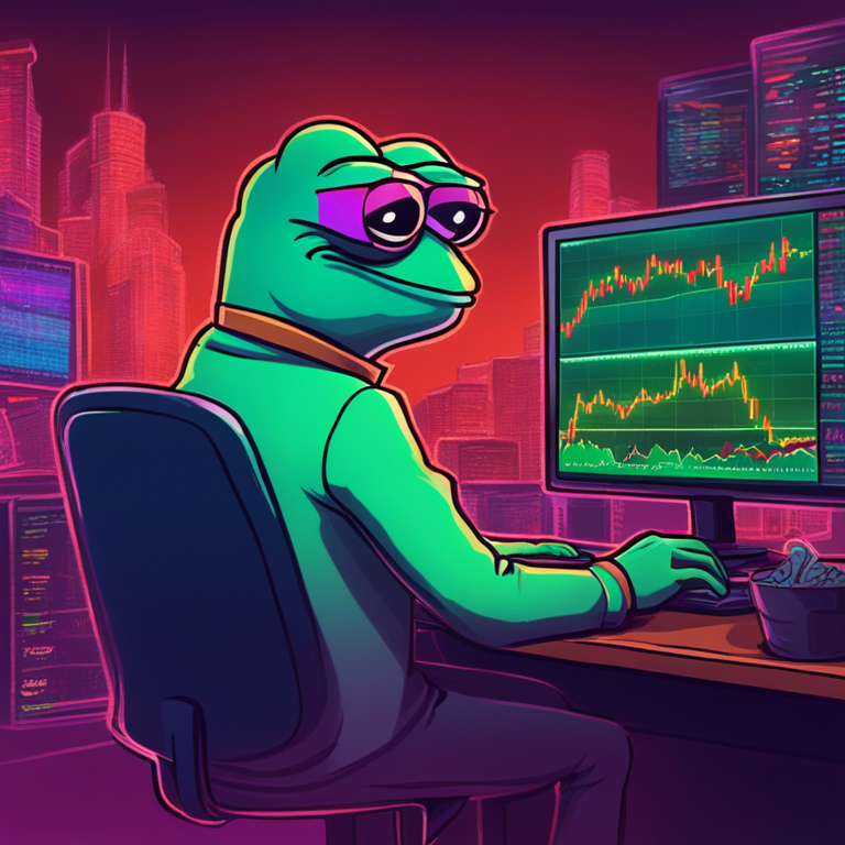 Whimsical hand-drawn digital illustration of a crypto trader cautiously watching a rising PEPE coin with fluctuating market charts in the background, playful yet detailed, Artstation trend, vibrant colors