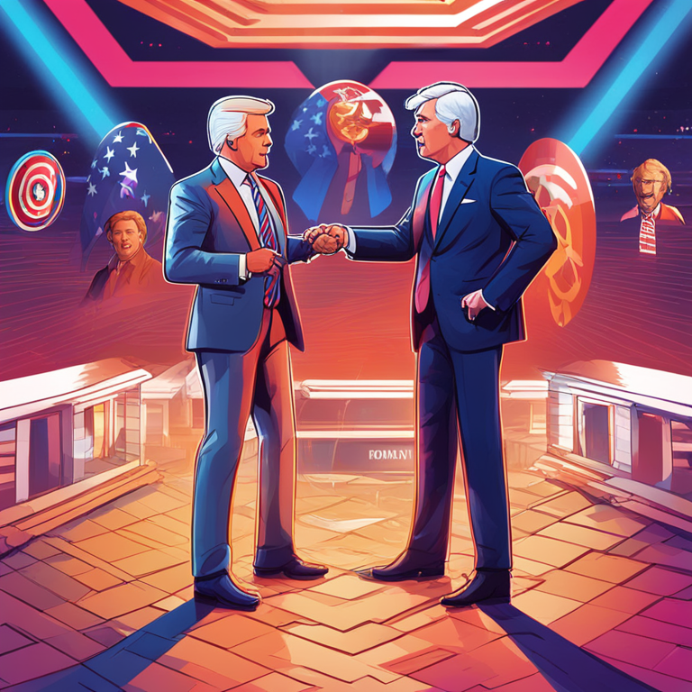 Digital illustration of US presidential candidates clashing over crypto policies, vibrant colors and modern style, Artstation HQ, digital art in Stable Diffusion XL