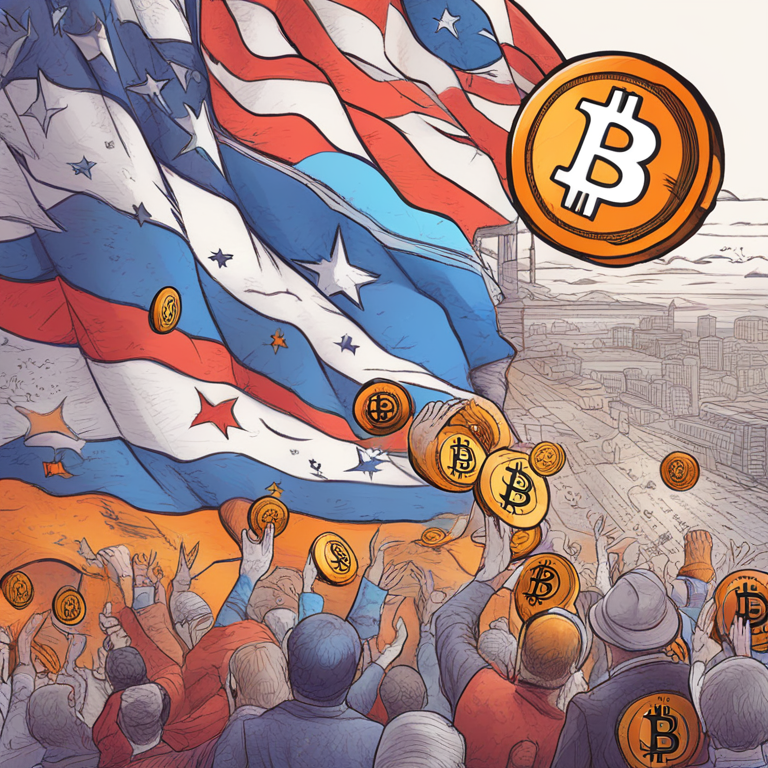 Hand-drawn digital illustration showing the Bitcoin price chart in a consolidation phase, with symbolic elements of U.S. political parties, detailed and colorful, Artstation HQ