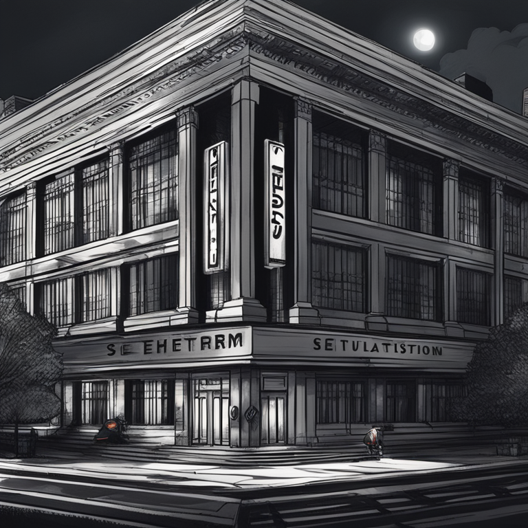 Hand-drawn digital illustration, Artstation HQ, digital art of SEC building with Ethereum logo, stylized as a detective investigation scene, trending on Artstation, regulatory scrutiny, dark and moody atmosphere, high detail, modern composition