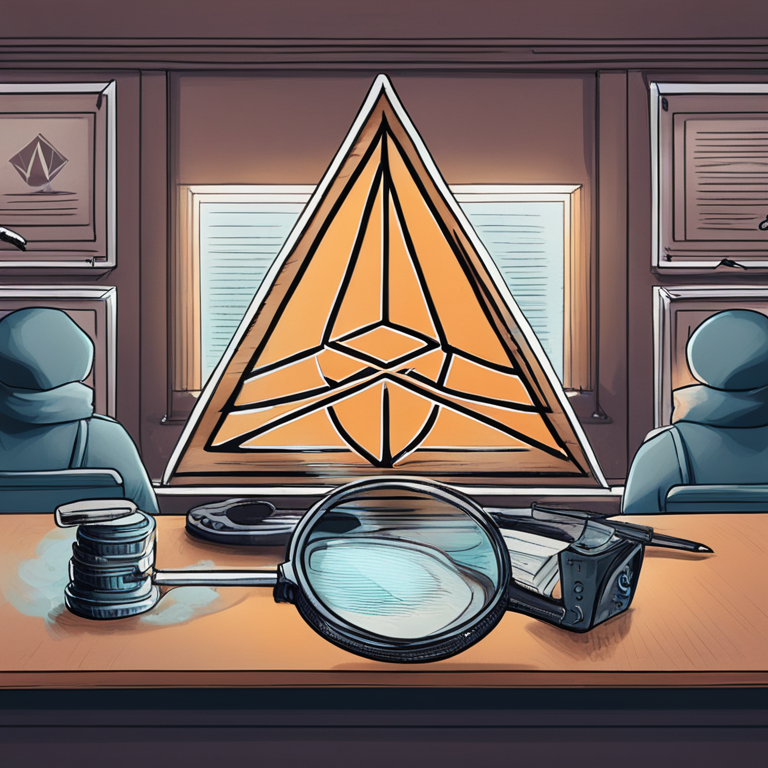 Hand-drawn digital illustration of Ethereum logo being scrutinized with magnifying glasses under SEC sign, Artstation HQ, digital art