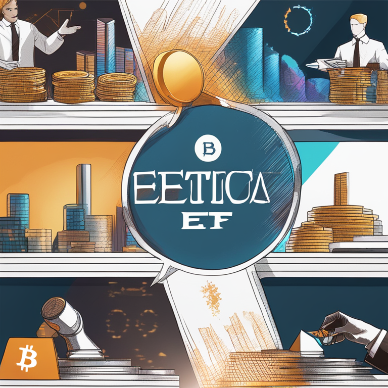 Hand-drawn digital illustration comparing Bitcoin ETF and Ethereum ETF applications, highlighting different focus points under SEC scrutiny, Artstation HQ, digital art