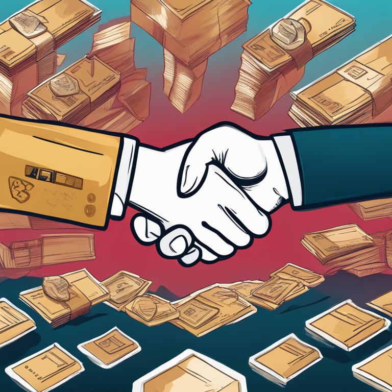 hand-drawn digital illustration of a handshake between digital and traditional financial systems, Artstation HQ, digital art