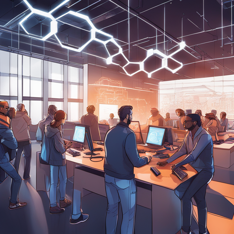 Conceptual hand-drawn digital illustration of students and professors engaged in blockchain research at a university tech center, Artstation HQ, digital art, vibrant and futuristic