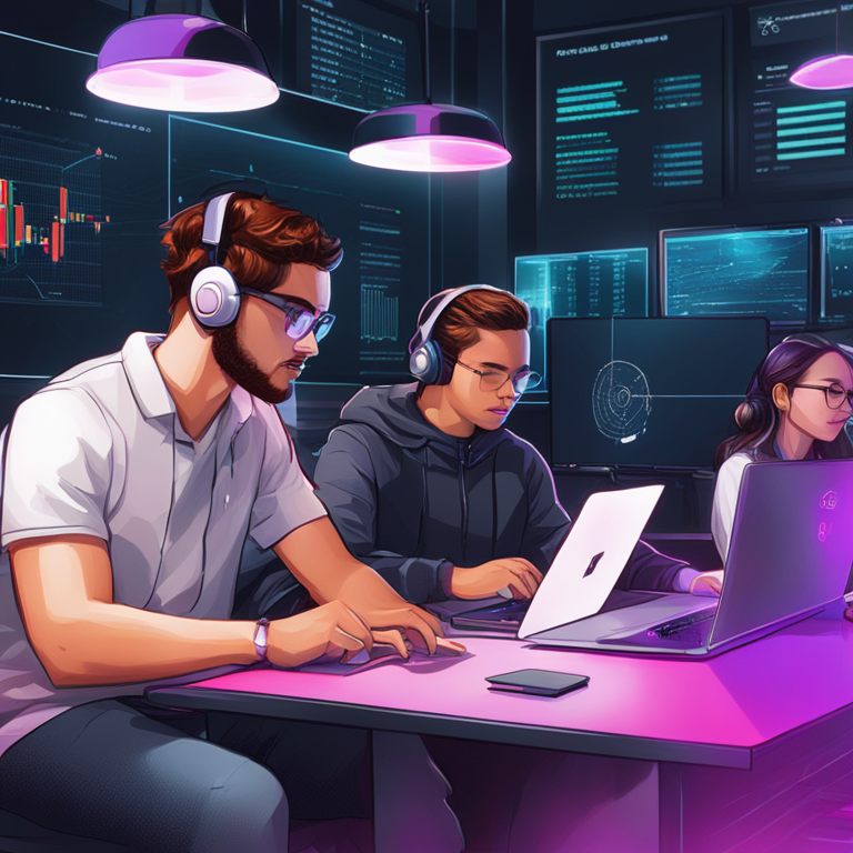 Digital illustration showcasing students engaged in blockchain studies at the FinTech Center, high-tech and modern, Artstation HQ style