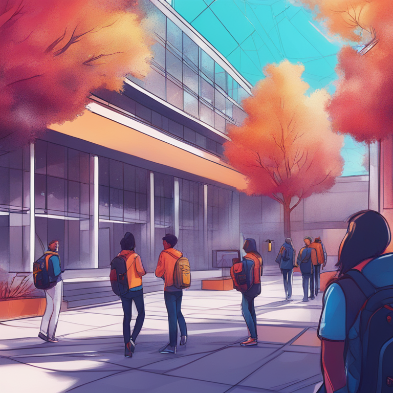 Hand-drawn digital illustration of a university campus with blockchain theme, students interacting with digital elements, futuristic aesthetic, Artstation HQ, digital art, vibrant colors, modern design