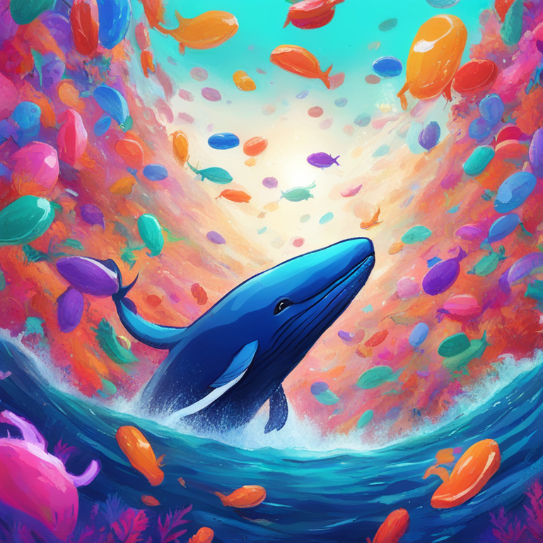 Hand-drawn digital illustration, Artstation HQ, digital art: Whale making a trade in a sea of Dogwifhat (WIF) tokens, vibrant, colorful, abstract trend