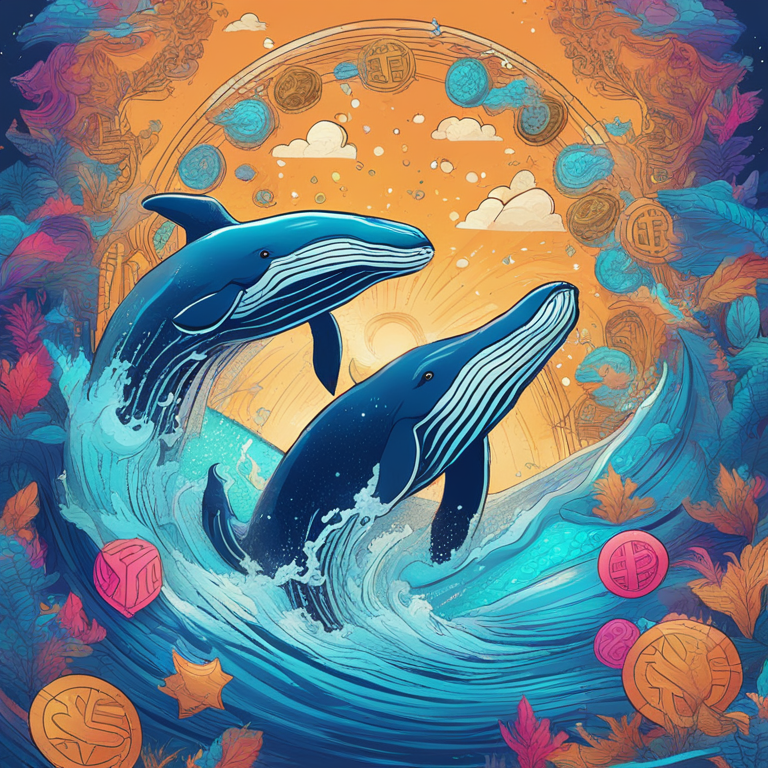 Hand-drawn digital illustration of three mighty whales splashing in the ocean, with abstract cryptocurrency symbols around them, trending on Artstation, high-quality digital art, vibrant and dynamic colors