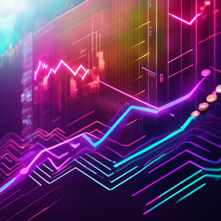 Abstract digital illustration of a market trading chart with colorful rising and falling lines, incorporating crypto coin logos, Artstation HQ, digital art, vibrant and dynamic colors, modern-neon style